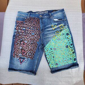 Rutherford Blue Denim Graffiti Art Jean Shorts
